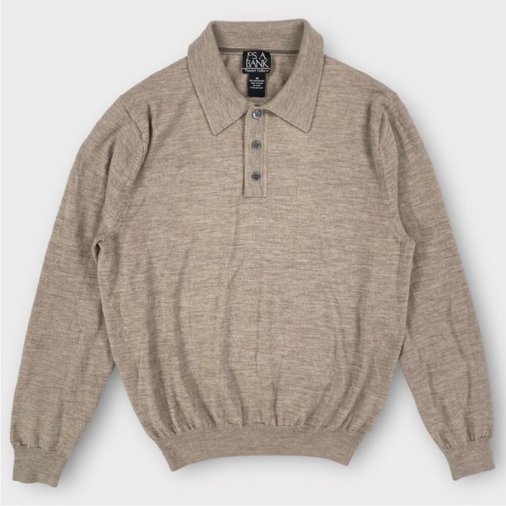 $110 Jos A Bank Sweater Polo Mens Medium Tan Travelers Knit 100% Merino Wool